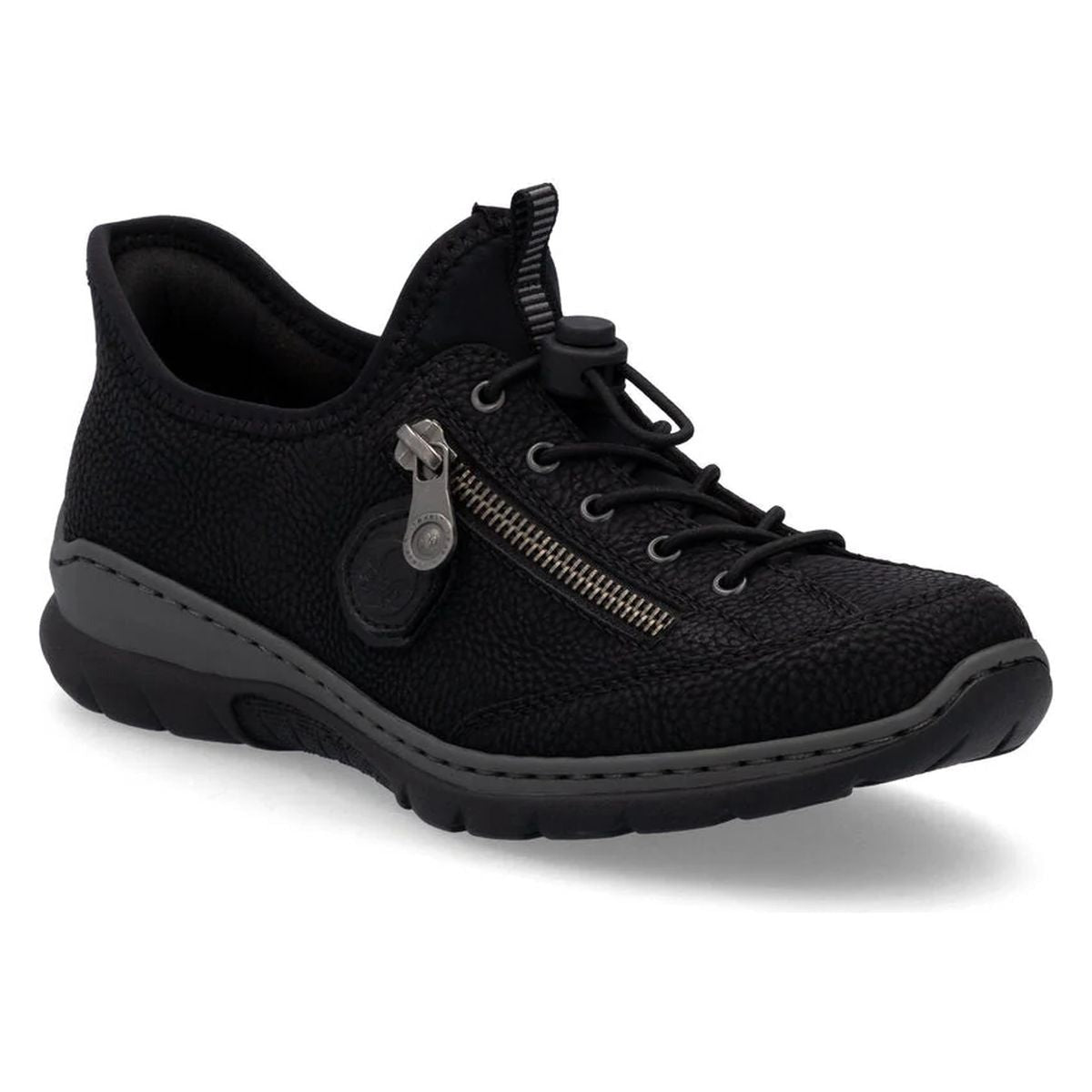 Black Rieker sneaker L32F1-00 with side zip detail and bungee laces. Casual comfort footwear.