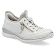 White Rieker sneaker L32F1-80 with side zip detail and bungee laces. Casual comfort footwear.