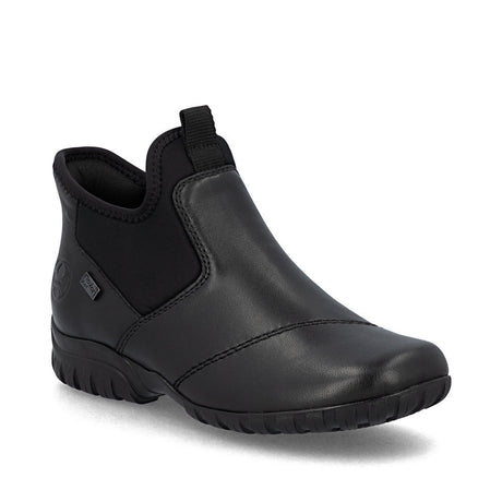 Rieker L4677 Ready2GO black women’s ankle boot with elastic collar. Hands free step in styling. 