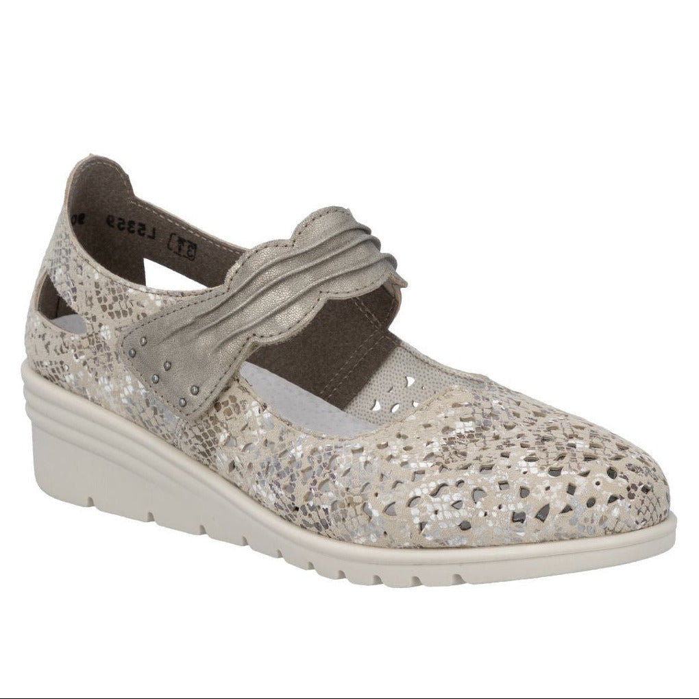 Rieker L5359 Women's Shoes in Silver. Close toe, hook and loop closure, breathable. Style #: L5359-90