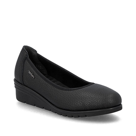 Rieker L5360 women’s black leather slip-on ballerina with 37 mm wedge heel, grippy anti-fatigue sole, and comfortable, easy slip-on design.