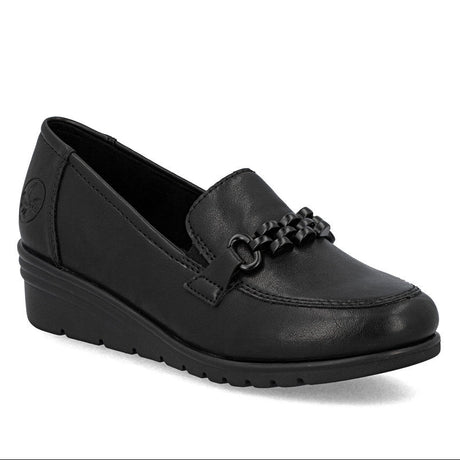 Rieker L5361 Women’s Black Loafers featuring synthetic leather upper, decorative chain, elastic fit, wedge heel, and anti-fatigue grippy sole.