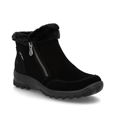 Rieker L7188 Women’s Black Suede Ankle Boots with furry shaft edge, water-repellent RiekerTEX, zipper closure, wedge heel, and soft warm lining.