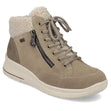 Rieker beige short waterproof boot with fleece collar, side zip, round laces, and flexible light outsole. Style #L7701-24