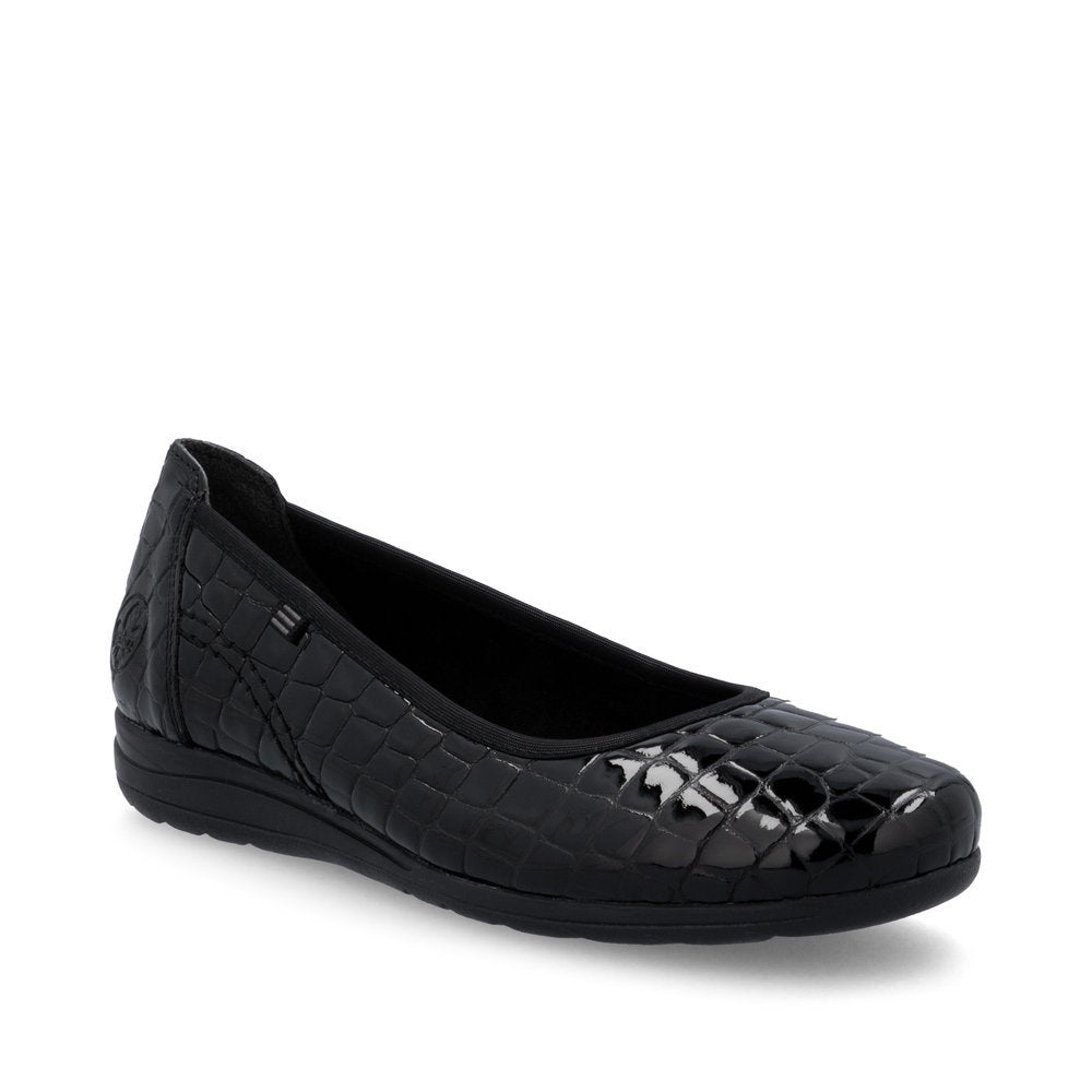 Side view of Rieker L9350 leather ballerina shoe in black showing soft upper, breathable leather insole, and slip-resistant patterned outsole. Style #L9350-01