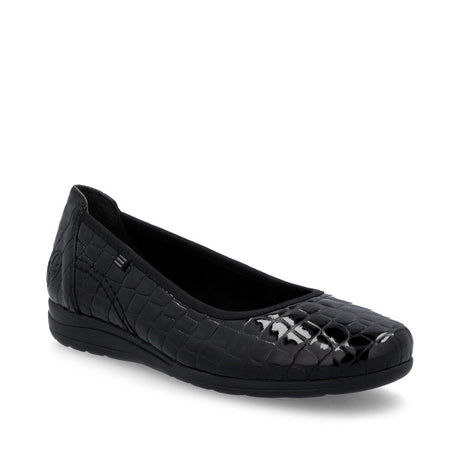 Side view of Rieker L9350 leather ballerina shoe in black showing soft upper, breathable leather insole, and slip-resistant patterned outsole. Style #L9350-01