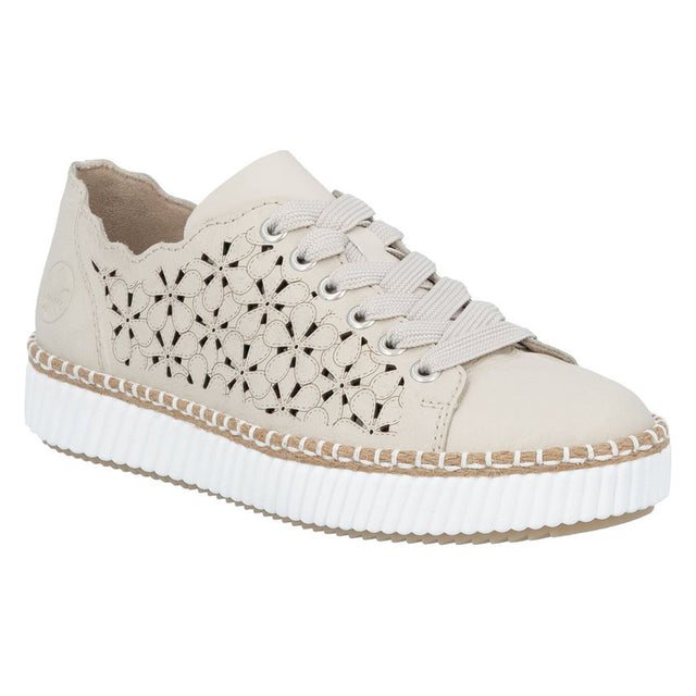 Women's beige leather sneaker with laser-cut floral side panels, flat laces, and a white platform sole. Style #M2902-60