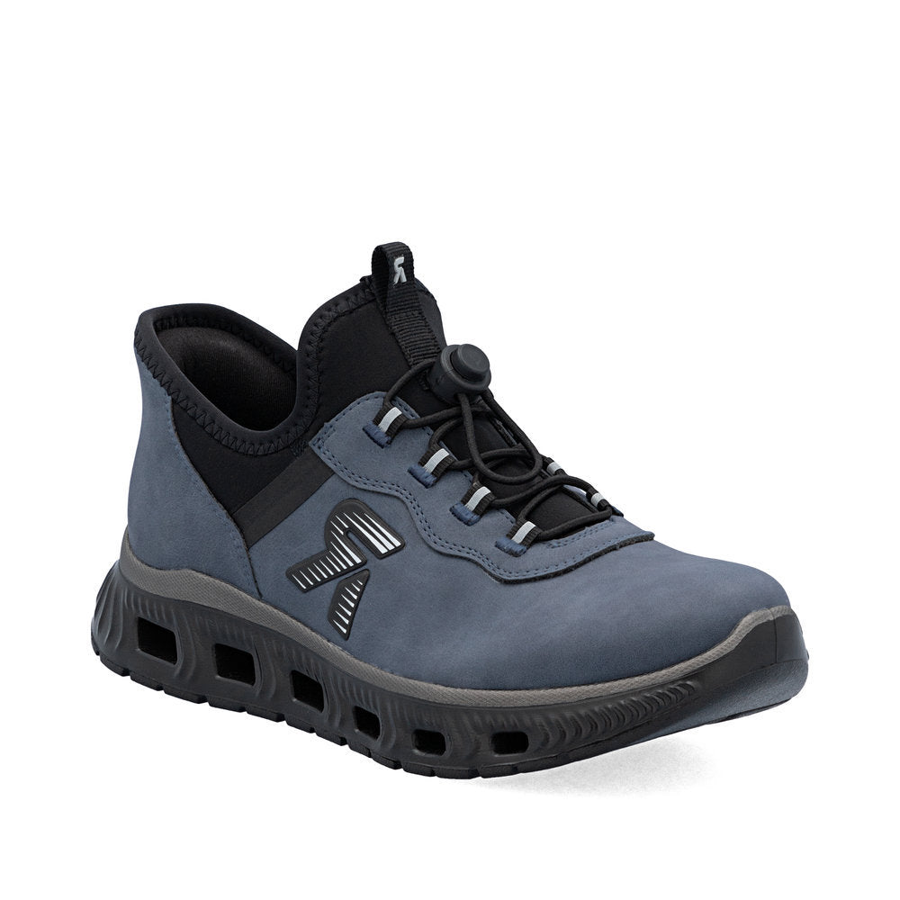 Side view of Rieker M6065 women’s blue low sneakers featuring synthetic leather upper, elastic band for slip-on fit, and flexible ultralight EVA sole. Style #M6065-12