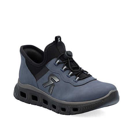 Side view of Rieker M6065 women’s blue low sneakers featuring synthetic leather upper, elastic band for slip-on fit, and flexible ultralight EVA sole. Style #M6065-12
