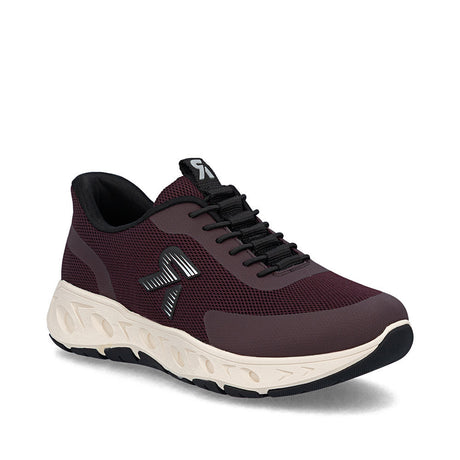 Rieker M6551-30 women's burgundy lace-up sneaker with a chunky white sole and black laces.