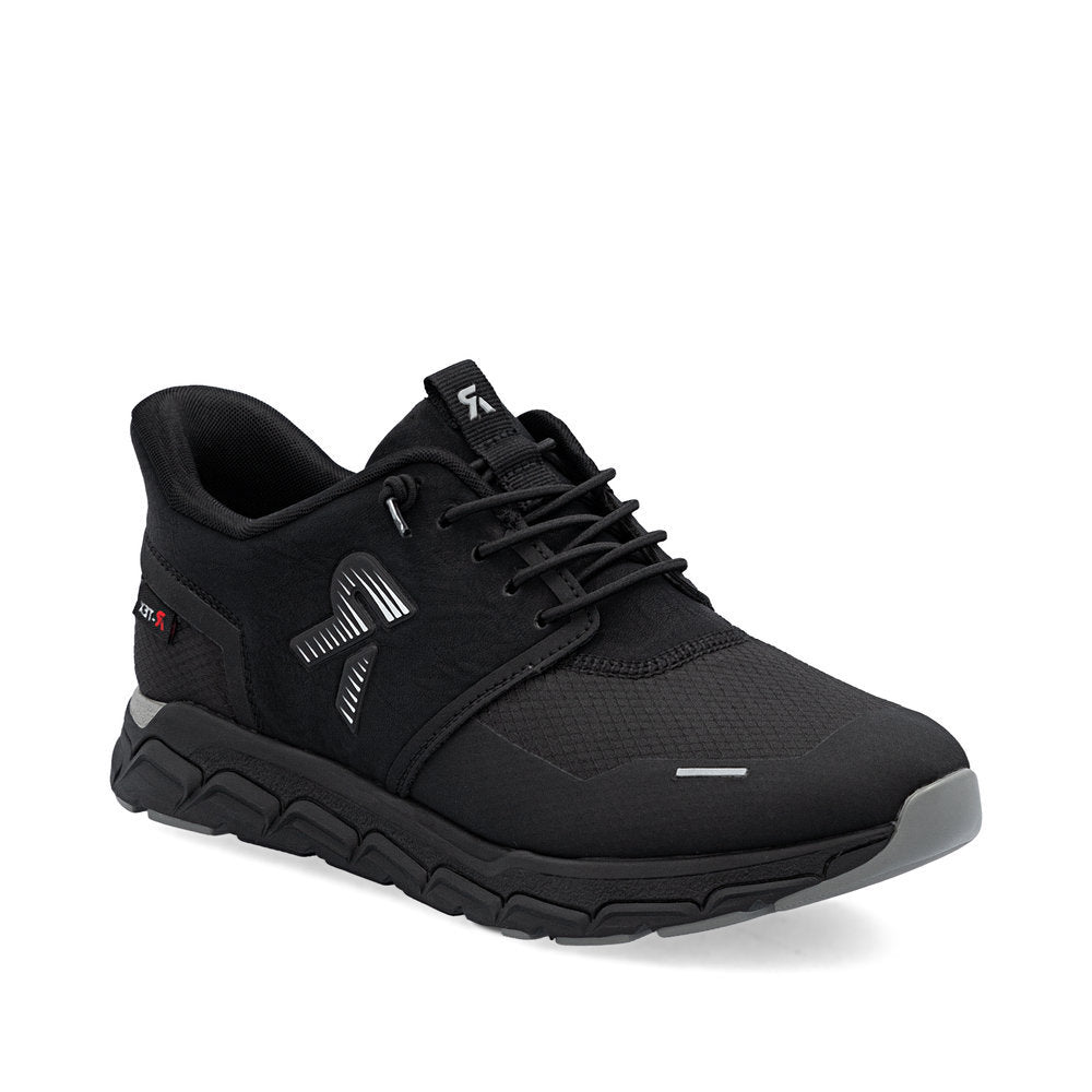 Black Rieker M9051 women's low sneakers with elastic side band, padded removable insole, waterproof membrane, and textured rubber sole for grip and durability. Style #M9051-00