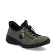 Rieker N3267-54 women's green sneaker with a side zipper, bungee laces, and black sole.