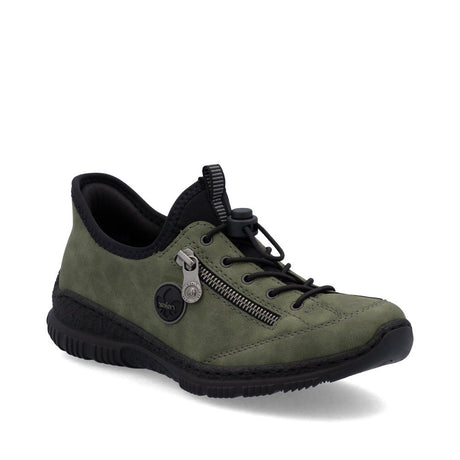 Rieker N3267-54 women's green sneaker with a side zipper, bungee laces, and black sole.
