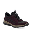 Rieker N32G8 burgundy and black suede and mesh sneaker with bungee cord laces and a light brown textured midsole. Style: N32G8-30