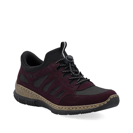 Rieker N32G8 burgundy and black suede and mesh sneaker with bungee cord laces and a light brown textured midsole. Style: N32G8-30