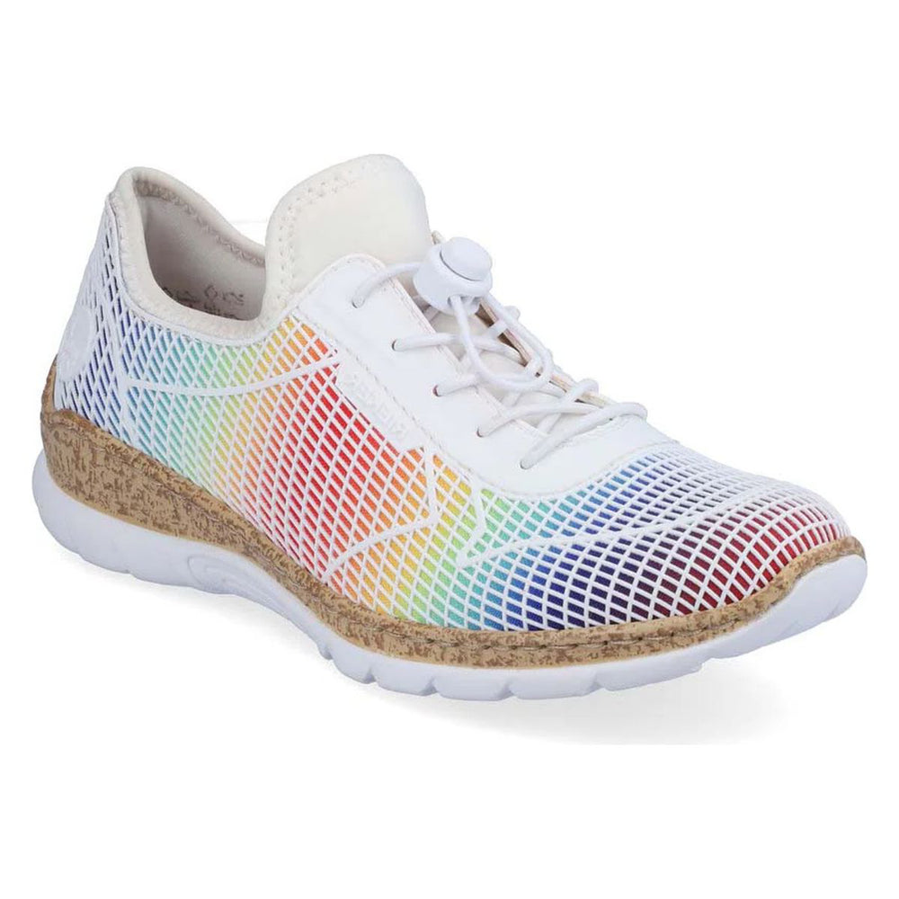 Women's Rieker N4270 white multi-coloured slip-on sneaker with elastic bands, textile upper, and white RIRICON sole. Style #: N4270-90