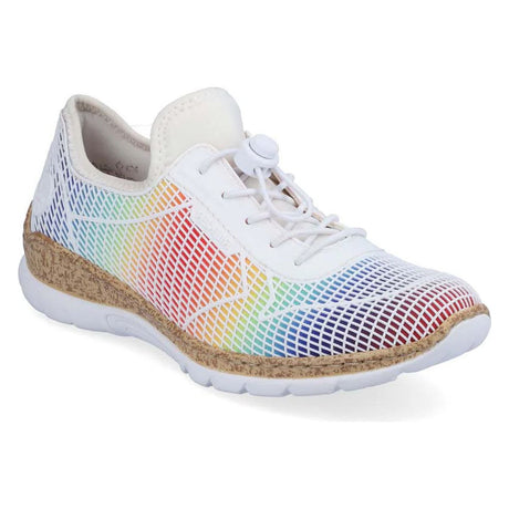 Women's Rieker N4270 white multi-coloured slip-on sneaker with elastic bands, textile upper, and white RIRICON sole. Style #: N4270-90