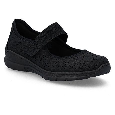 Women's black Mary Jane shoe with laser-cut floral patterns, an adjustable hook-and-loop strap, and a flexible sole. Style #N4299-00