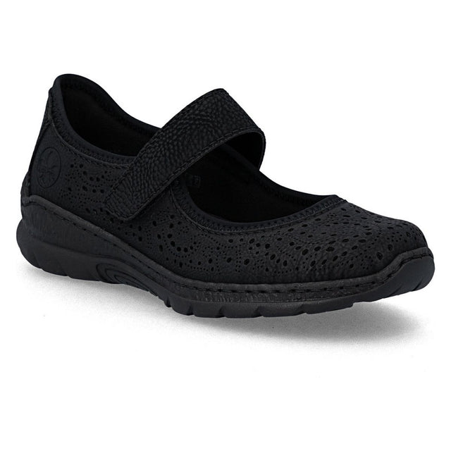 Women's black Mary Jane shoe with laser-cut floral patterns, an adjustable hook-and-loop strap, and a flexible sole. Style #N4299-00