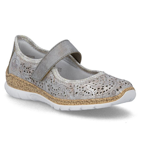 Silver summer shoe with decorative cutouts with a strap on a white background. Rieker Mary Jane style N4299-90.