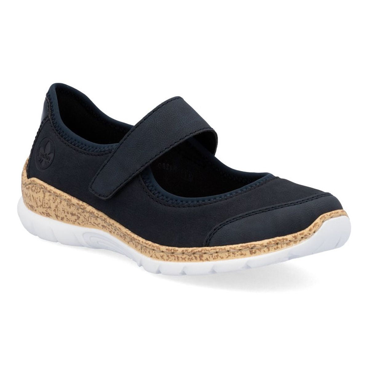 Rieker N42B0-14 Mary Jane shoes – in Navy upper and white outsole. Velcro closure. 