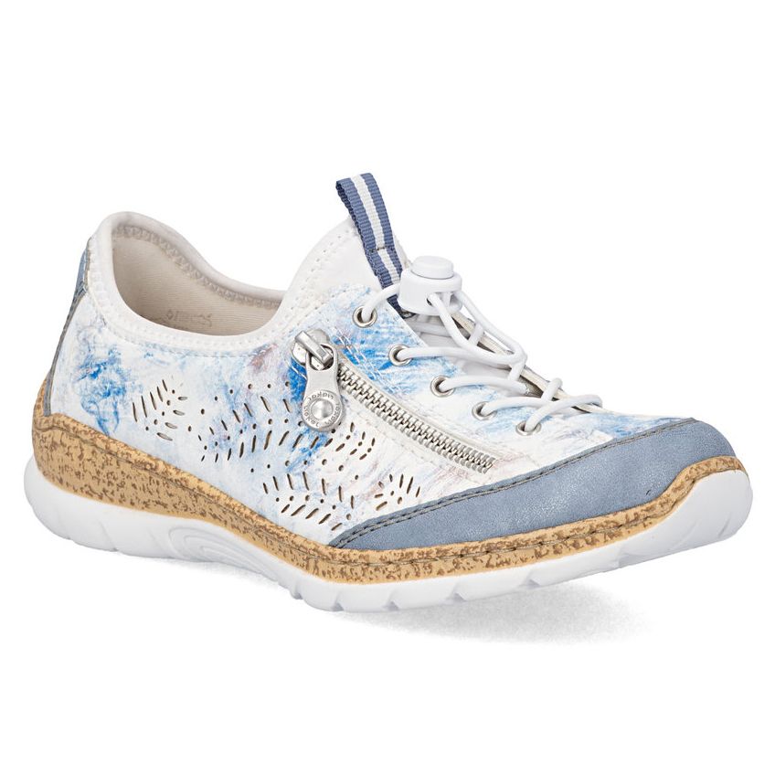 White sneaker with blue floral patterns, side zipper, bungee laces, and a cork-textured midsole. Style #N42K6-90