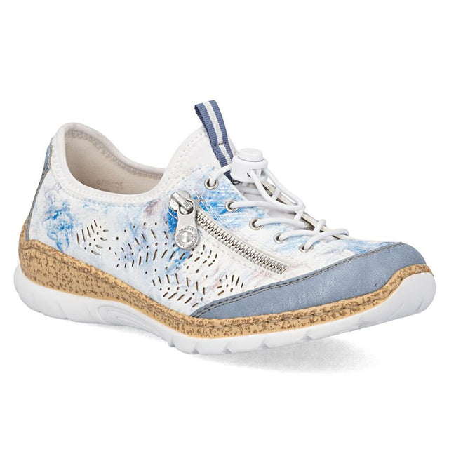 White sneaker with blue floral patterns, side zipper, bungee laces, and a cork-textured midsole. Style #N42K6-90