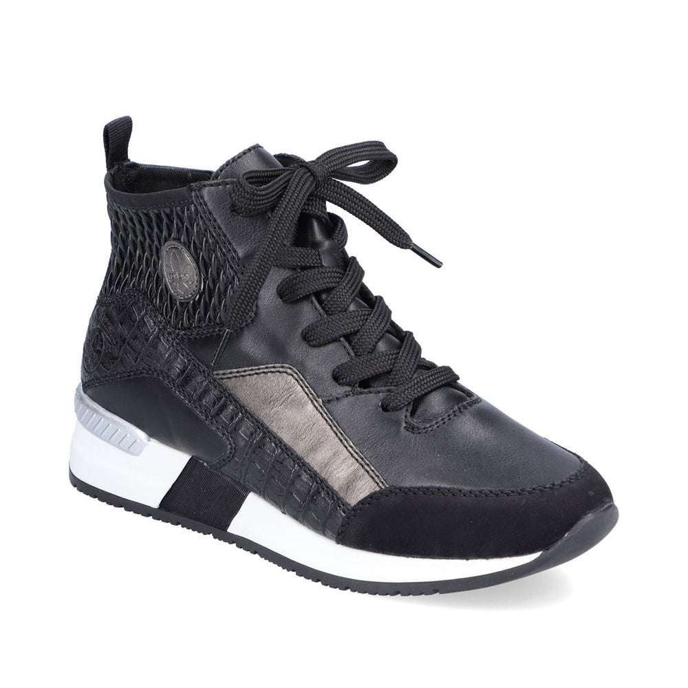 Black multi-texture women's lace-up short boot with white midsole and metallic accents. Style # N7640-00