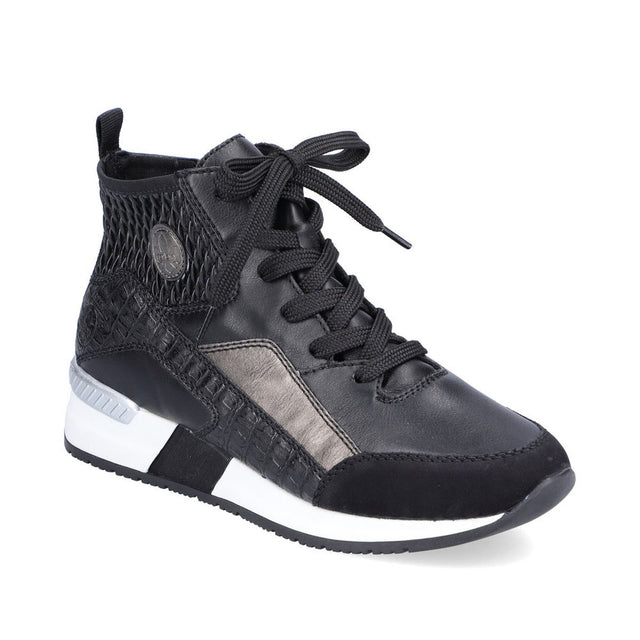 Black multi-texture women's lace-up short boot with white midsole and metallic accents. Style # N7640-00