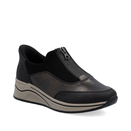 Rieker N9553-25 women's black sneaker with a front zipper, mixed textures, and a two-tone sole.