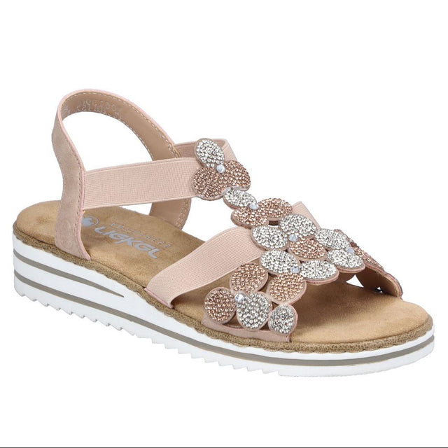 Rieker V0613 Women's Sandals in Pink. Slip-on, soft sole, breathable design. Style #: V0613-90
