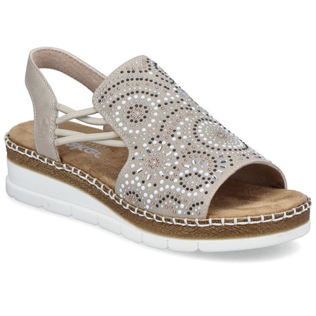 Women’s beige slide sandal with intricate multi-coloured stud patterns, elastic heel straps, and a white sole. Style #V1246-62