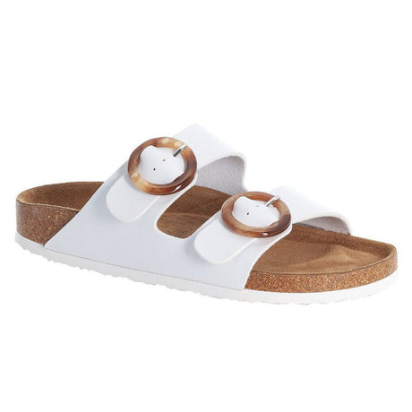 Women’s white dual-strap slide sandal with large tortoise-shell buckles and cork footbed. Style #V9370-80