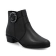 Rieker Y0797-00 women's black ankle boot with a decorative buckle, low block heel, and cozy lining.
