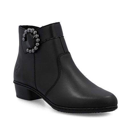 Rieker Y0797-00 women's black ankle boot with a decorative buckle, low block heel, and cozy lining.