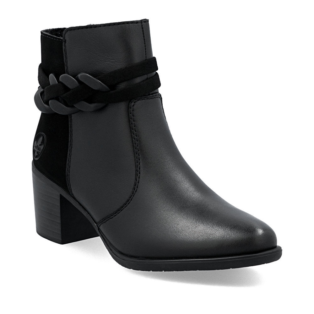 Rieker Y2066 women’s black leather ankle boot with side zipper, 55 mm block heel, grippy sole, and flexible stitchdown construction for all-day comfort.