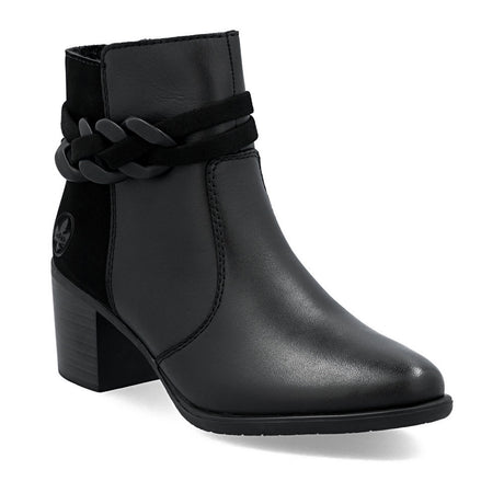 Rieker Y2066 women’s black leather ankle boot with side zipper, 55 mm block heel, grippy sole, and flexible stitchdown construction for all-day comfort.