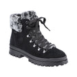 Women's black suede ankle boot with cozy fleece lining, removable insole, and flip-out ice grip on the sole for added traction in icy winter weather. Style #Z5420-00: