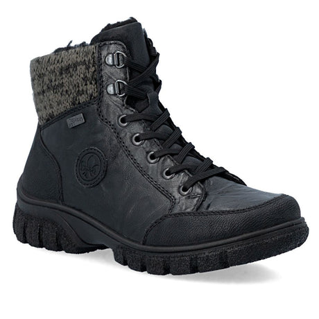 Rieker black leather-look waterproof lace-up boot with grey knit sweater collar and rugged tread sole. Style #Z7230-00