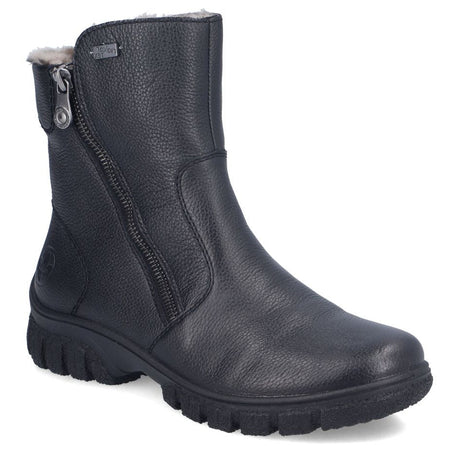 Rieker black textured leather waterproof ankle boot with side zipper, plush lining trim, and tread sole. Style #Z7263-00