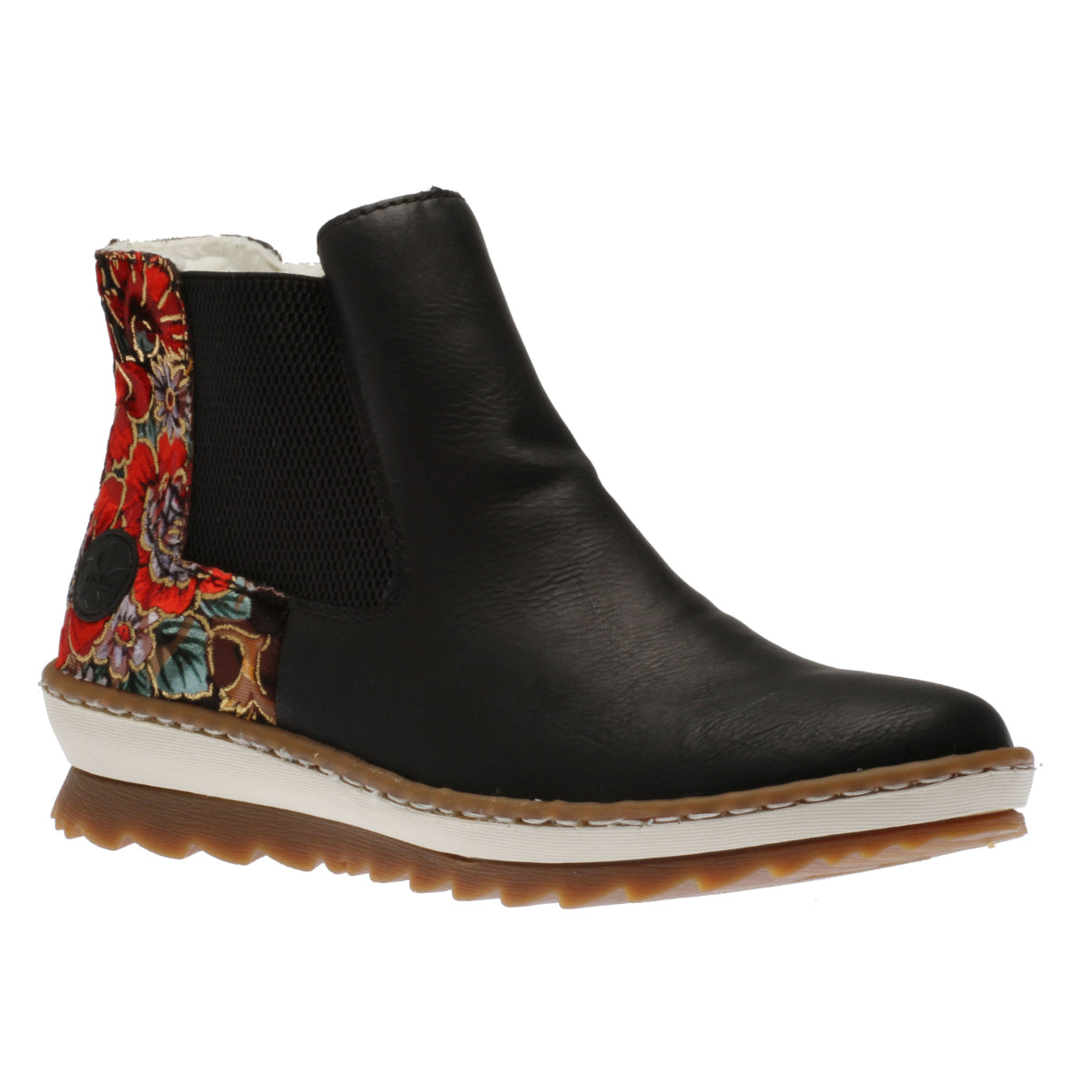 Black leather mid-height Chelsea boot with red floral heel pattern, elastic gusset, and serrated gum sole. Style #Z8689-00