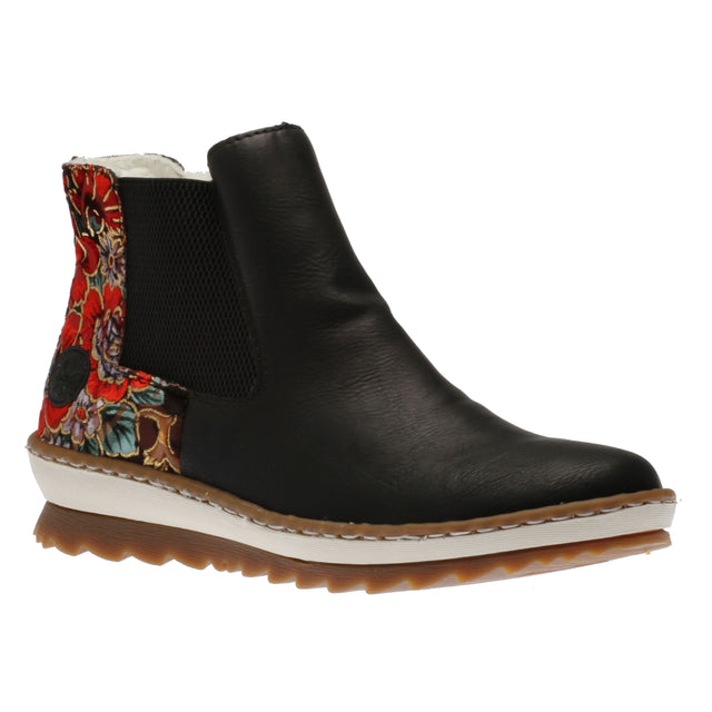 Black leather mid-height Chelsea boot with red floral heel pattern, elastic gusset, and serrated gum sole. Style #Z8689-00