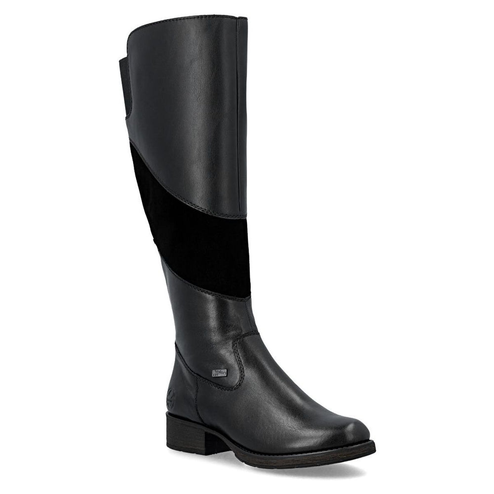 Black leather and suede tall waterproof boot with side zipper and low block heel. Style # Z9566-00