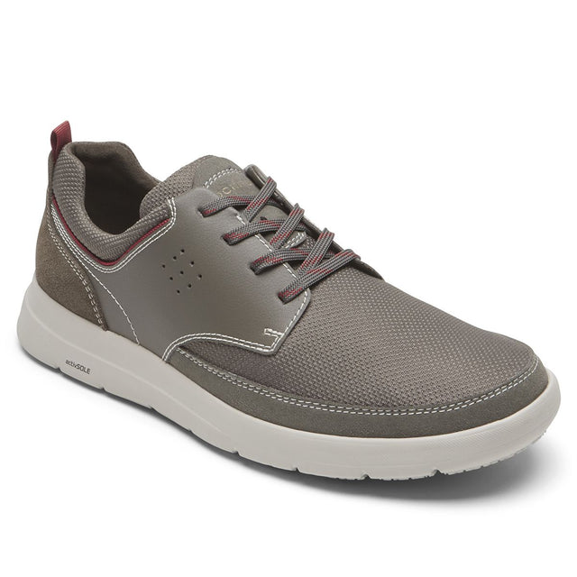 Men’s greyish-brown plain toe sneaker with textile mesh panels, matching laces, and a flexible off-white sole. Style #CI7098