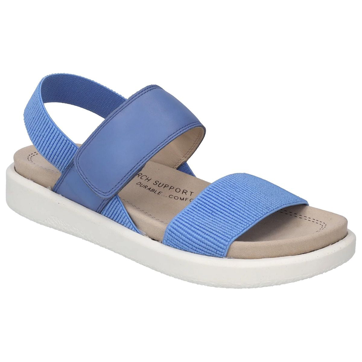 Women’s sky blue sandal with an adjustable top strap, ribbed elastic straps, a light beige footbed, and a white sole. Style #25407-4535.