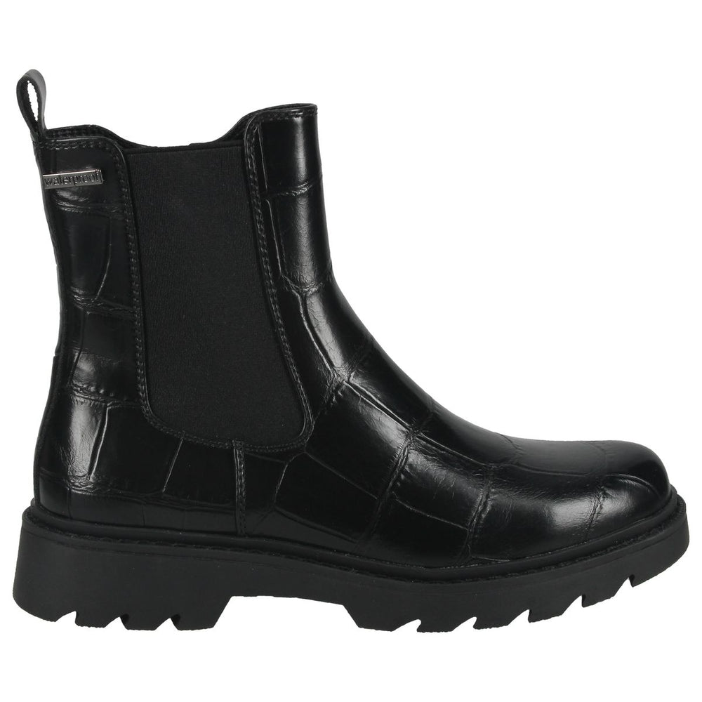 Black croc-embossed waterproof Chelsea boot with elastic side gores, pull tab, and lug sole. Romika Style #681514-100