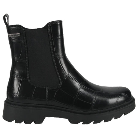 Black croc-embossed waterproof Chelsea boot with elastic side gores, pull tab, and lug sole. Romika Style #681514-100