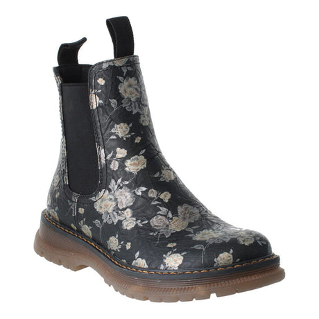Romika Peyton 05 women's black multi floral waterproof ankle boot with a side zipper. Product ID: 769525-101.