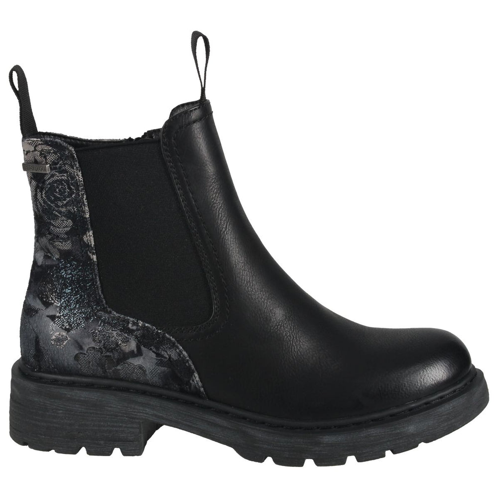 Romika black leather waterproof Chelsea boot with floral printed heel counter, elastic goring, and pull tabs. Style #825401-101