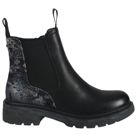 Romika black leather waterproof Chelsea boot with floral printed heel counter, elastic goring, and pull tabs. Style #825401-101